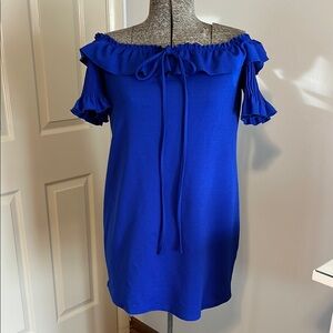 Zara Off-Shoulder Blue Dress with Ruffle Sleeves
